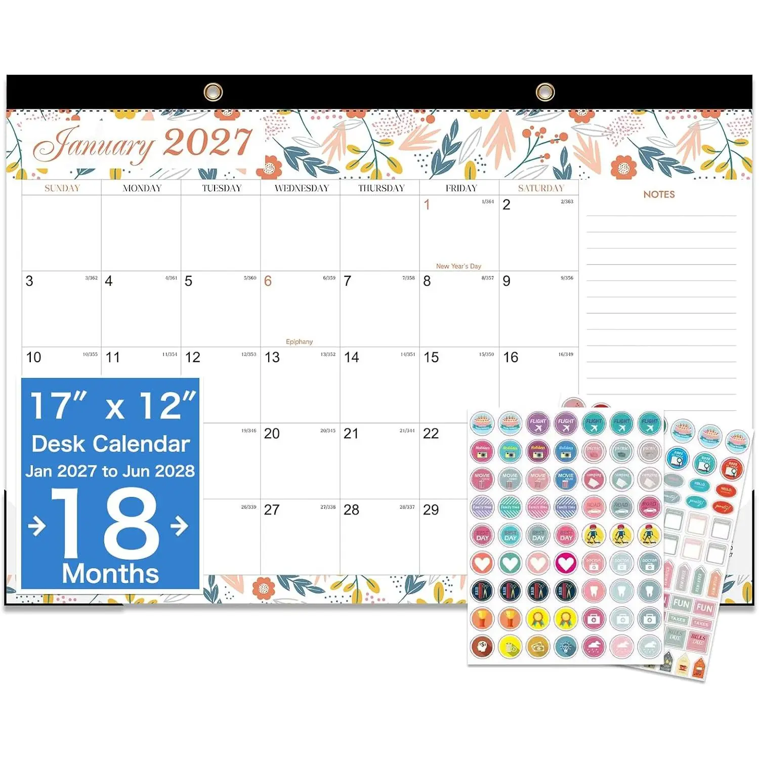 2027-2028 Desk Calendar, Calendar 2027-2028, 18 Month Calendar January 2027 - June 2028, Large 17" x 12" Monthly Desktop & Wall Calendar for  & Office - Floral