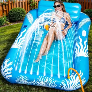 Inflatable Tanning Pool Lounger Float with Sprinkler-6 in 1 Suntan Tub Raft Floatie with Drink Holder Sunbathing Water Lounge-Tanning Bed Mat Pad for Adult Blow Up Kiddie Pool Kids Ball Pit Pool (L)(Gift)