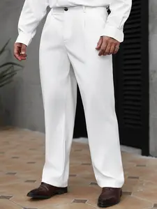 Men's Loose Straight Leg Casual Pants, Drapey Wide Leg Suit Pants, Solid Smooth Stand-Up Long Pants, Four-Season Business Commute Men's Clothing
