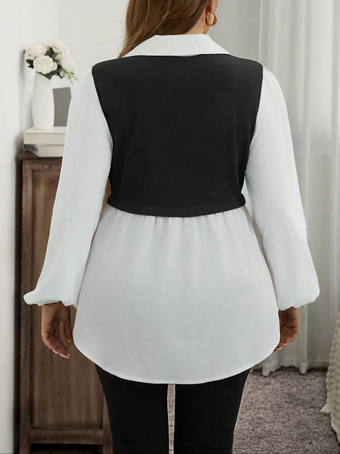 Women's Colorblock 2 in 1 Fitted Long Sleeve Button Collared Blouse Shirts, Casual Button Front Bishop Sleeve Collar Top for Spring & Fall, Women's Clothes for Daily Wear, Vintage 90s Tops