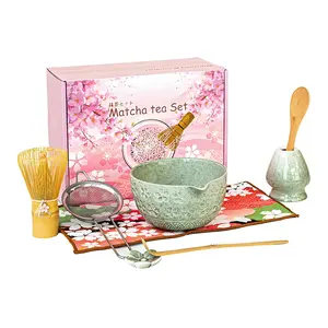 Garvee Complete 8-Piece Matcha Whisk Set with Ceramic Bowl, Bamboo Whisk, Scoop, Sifter, Holder, and Tea Towel – Ideal Kit for Beginners and Enthusiasts Available in Mottled Green or Pink