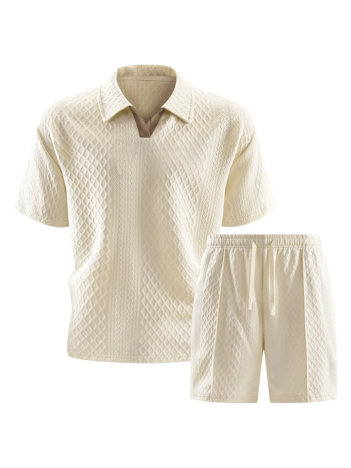 Men's Rhombus Jacquard Two-Piece Set, Collar Polo Short Sleeve + Drawstring Waist Shorts, Summer Casual Beach Daily Wear