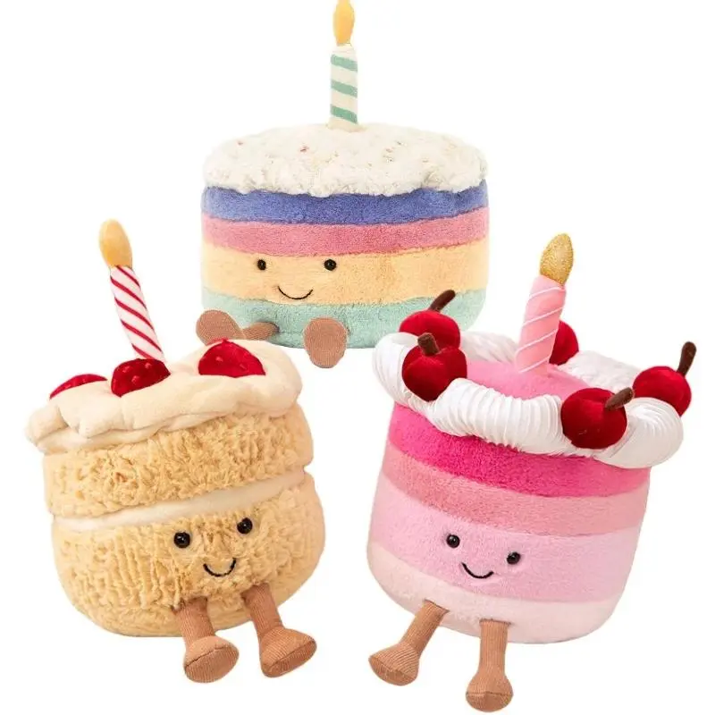 Kawaii Smile Cake Shaped Plush Toy Soft Stuffed Cherry Dessert Doll with Candle for Birthday Xmas Kids Cuddly Home Party Decor