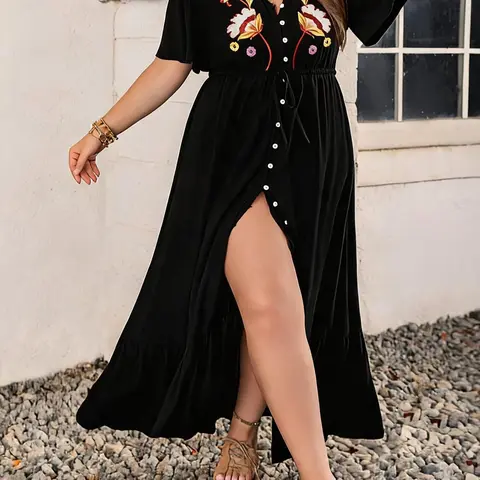 [Plus Size] Floral Embroidery Button Front Split Hem, Casual Butterfly Sleeve V-Neck A-Line Dress for Daily Wear, Women's Fall Boho Style, Summer, Bohemian Casual Trendy