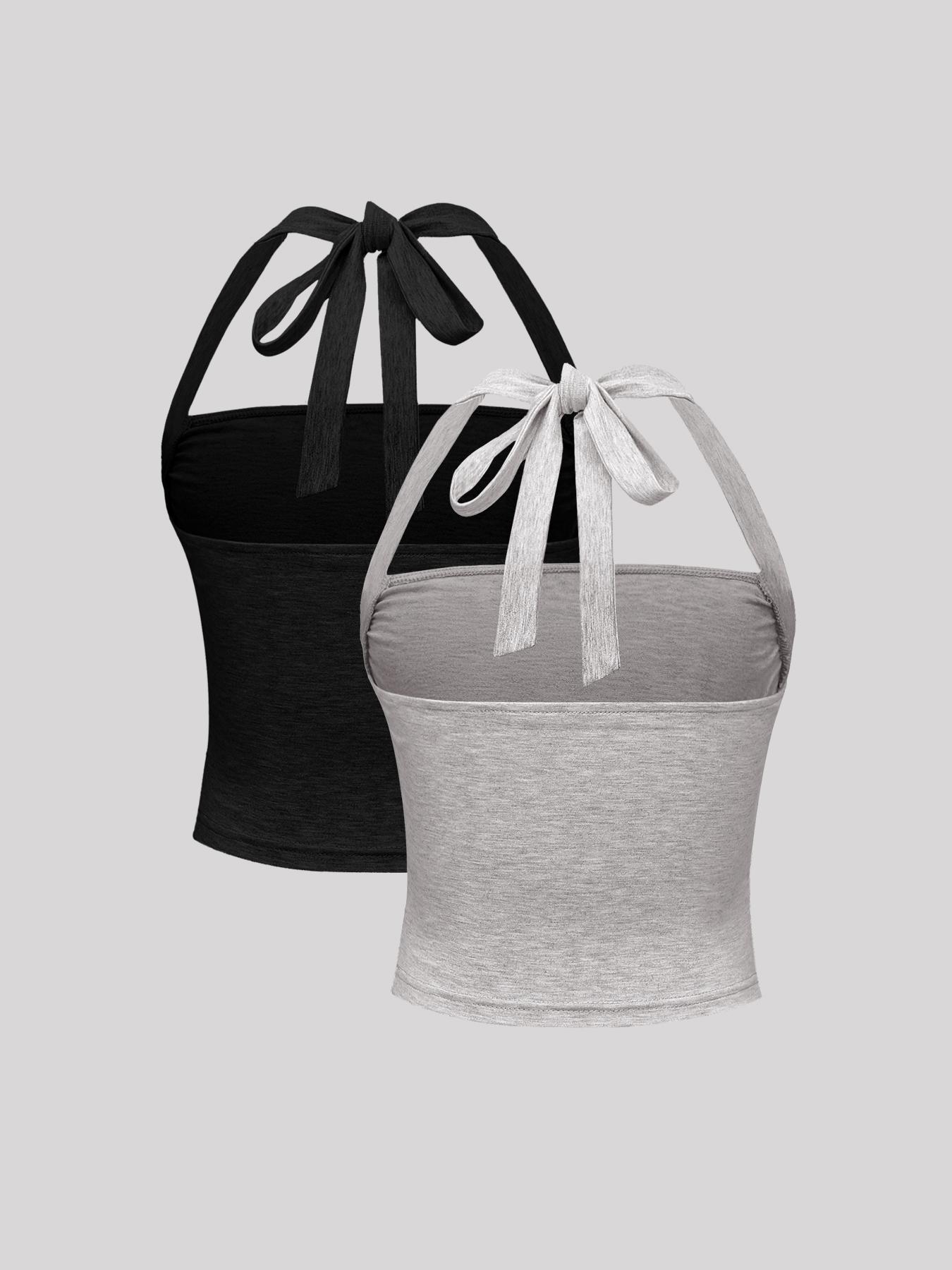 Women's Plain Ruched Tie Back Halter Crop Jersey Cami Top, Summer Clothes Women, Casual Sleeveless Crop Top for Summer, Summer Outfits 2024, Summer Tops, Crop Tops, Women's Clothing for Daily Wear