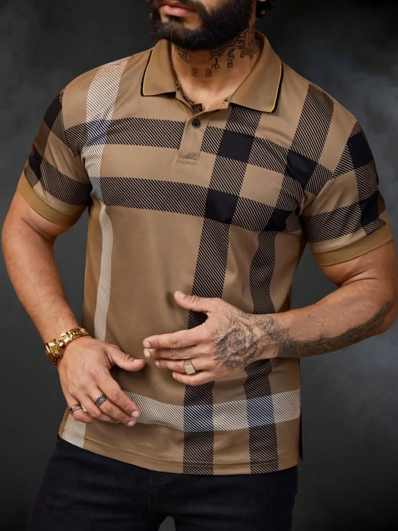 Men's Vintage Khaki Plaid Polo Shirt | Checkered Short Sleeve Muscle Fit Tee | Old Money Aesthetic Casual Streetwear for Summer Date Night Daily