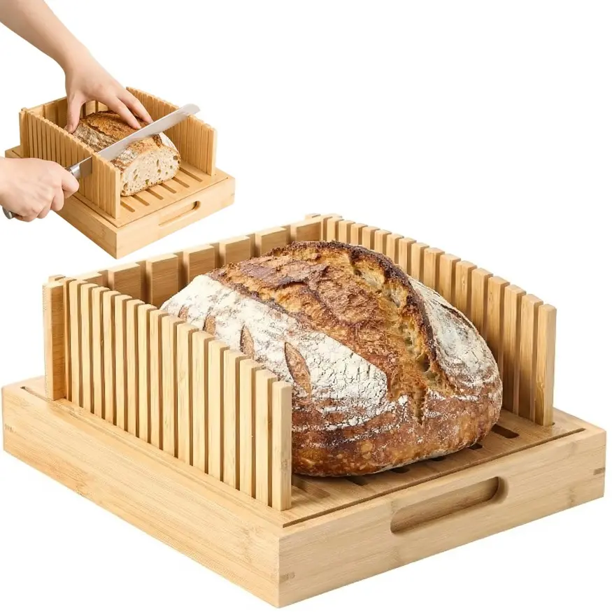 Bamboo Bread Slicer 10.5 Inches, Adjustable Dough Cutter Guide, Breadcrumb Collector Tray, Wooden Board for Round Bread and Sandwiches, Baking Accessories