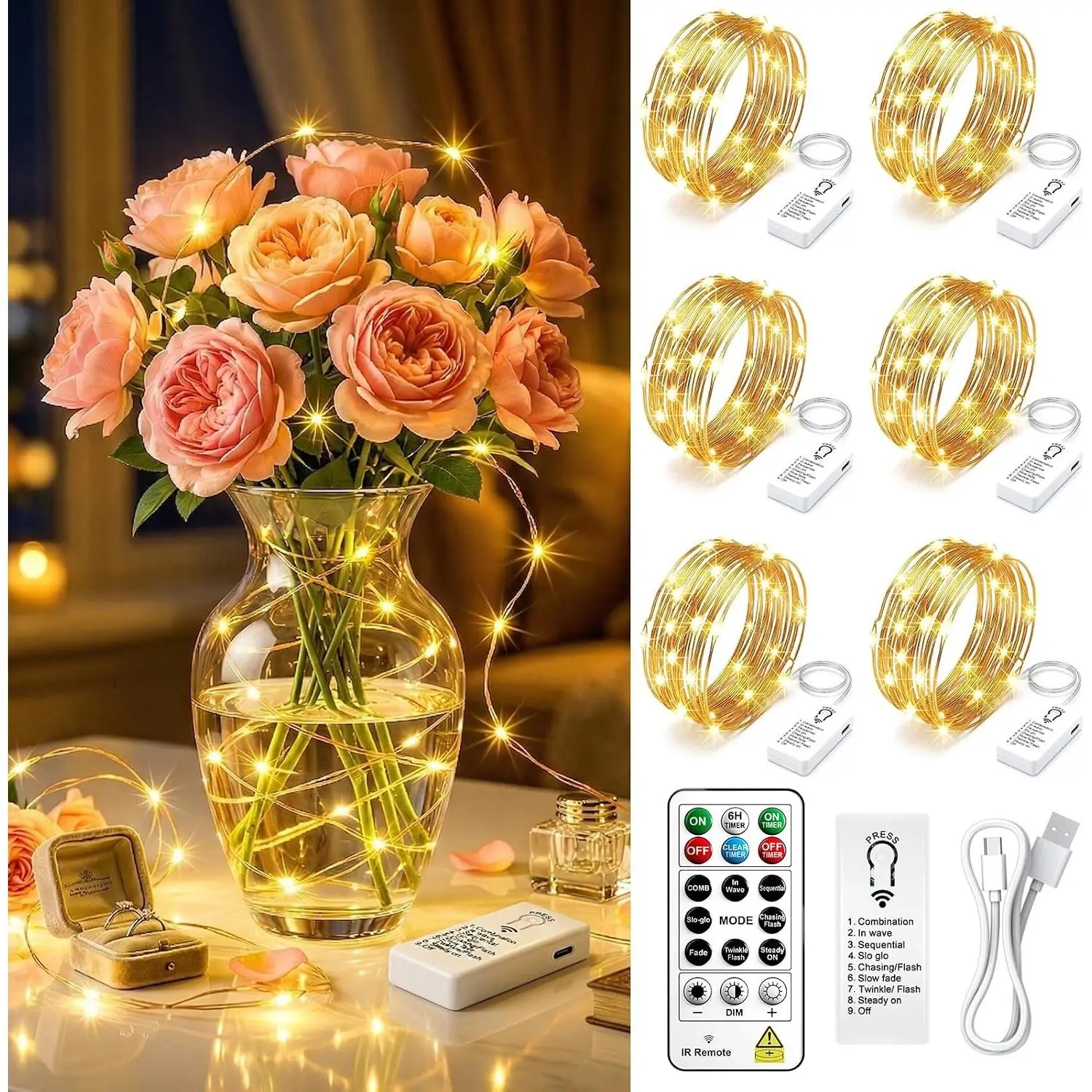 6 Pack Rechargeable Fairy Lights Battery Operated with Remote & DIY Timer, 7ft 20LED Mini Twinkle String Light for Mason Jar DIY Wedding Table Centerpieces Party Bedroom Christmas (Warm White)Gift