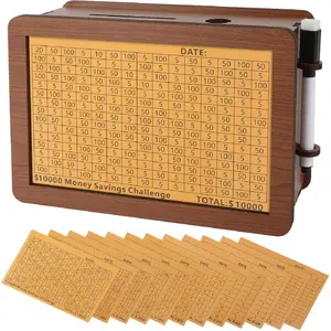 Wooden Money Saving Box, Piggy Bank for Kids & Adults - Reusable $10,000 Savings Challenge Box with Progress Tracker & Cash Vault, Educational Savings Gift for Boys Girls Ages 3-12 (12 Amounts)