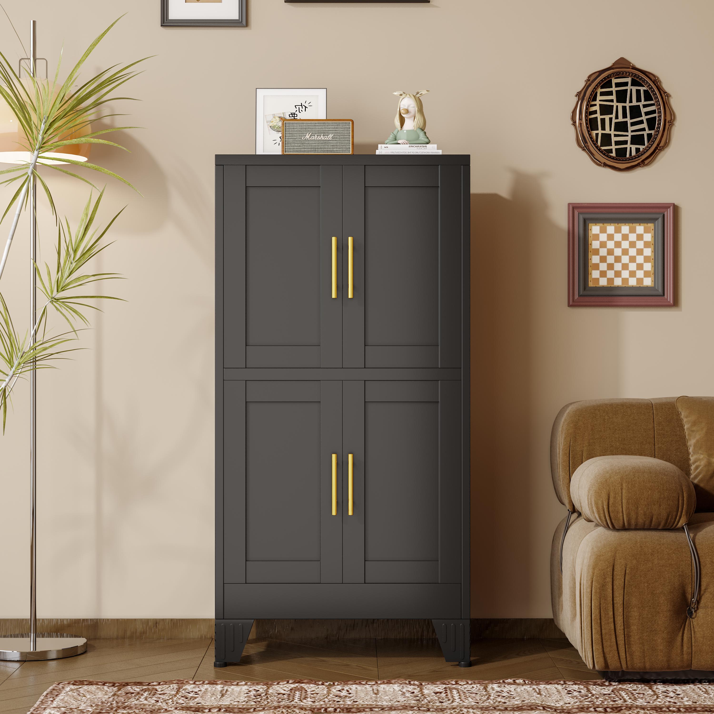 Kitchen Pantry Cabinet 47" Tall Metal Storage with Doors & Adjustable Shelves Black Freestanding Organizer for Kitchen Dining Room Living Room Laundry Room Minimalist Drawer Tower