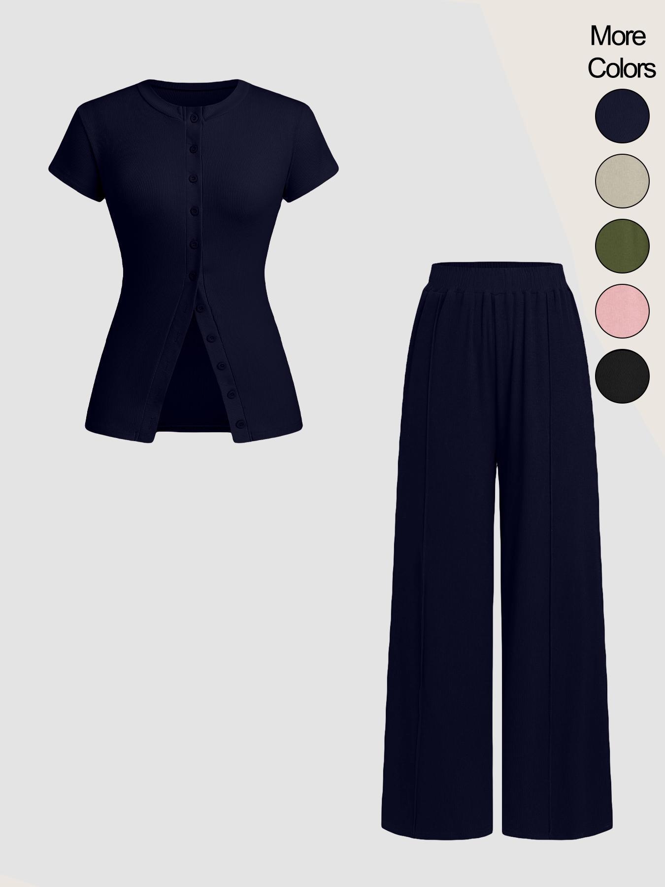 Women's Solid Color Knit Button Front Fitted Top & Wide Leg Pants, Casual Two-piece Set for Daily Wear, Ladies Clothes for All Seasons