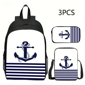 Anchor 3-piece backpack set, includes 1 shoulder bag + 1 crossbody bag + 1 pencil case, essential for travel, a great gift for back to school