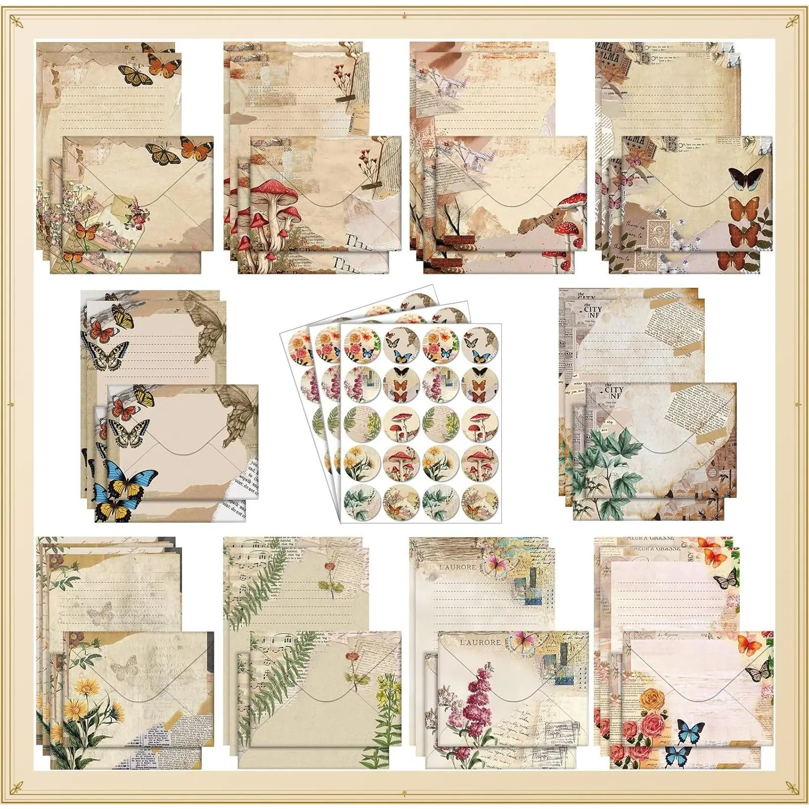 160 Pcs Vintage Nature Stationery Paper and Envelopes Set - 5.5 x 8.25'' Letter Writing Kit with 50 Double-Sided Writing Papers, 50 Matching Envelopes, 60 Round Dot StickersGift