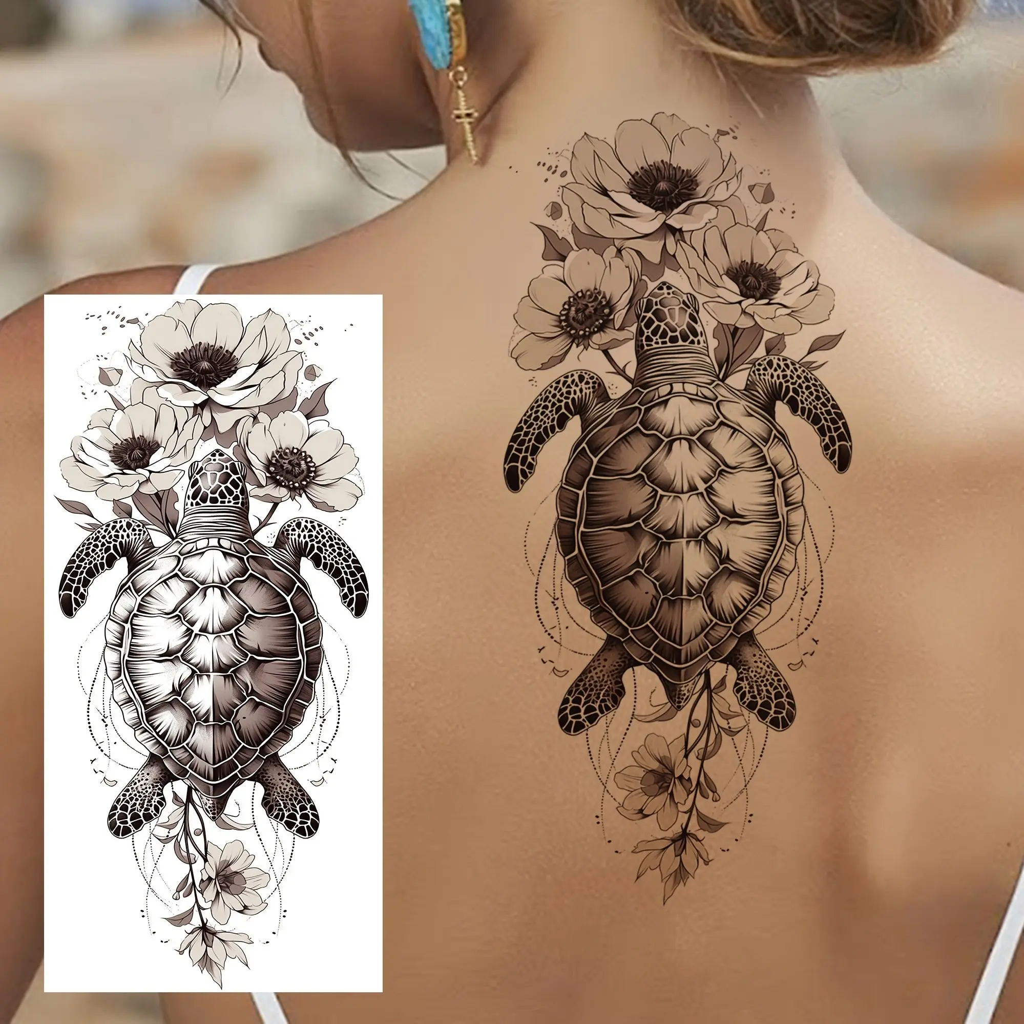 Large Turtle and Peony Temporary Tattoo Sticker, Waterproof Realistic Design, Suitable for Arms, Thighs, Forearms, Ankles, Adult Body Art, Fake Tattoo