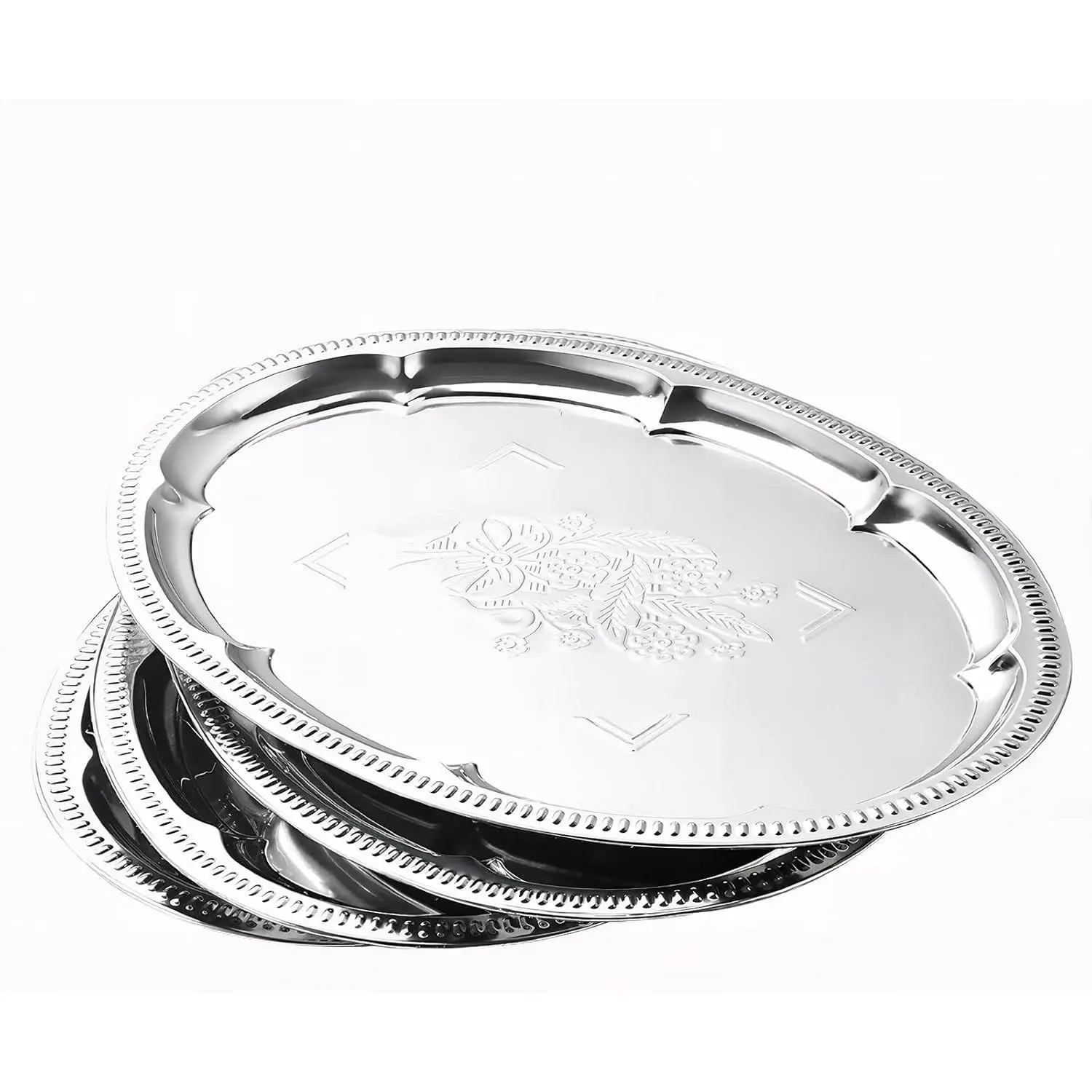 4-Pack 15.7"x11.8" Silver Engraved Platter Set - Oval Floral Mirror Finish Serving Trays, Wedding Party Accessories for Summer BBQ Food, Appetizers, Desserts