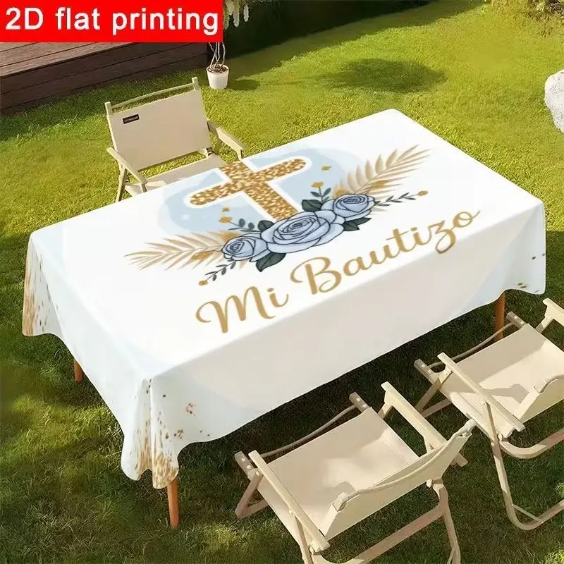 2D Flat Party Tablecloth, Light Blue Mi Bautizo Baptism Tablecloth, Elegant Gold Cross and Rose Design, Reusable, Christian Event Decor, Party Decoration