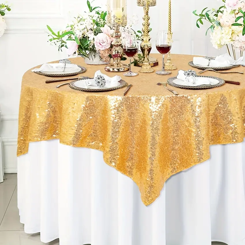 1Pc/2Pcs 72x72 Inch Gold Sequin Square Table Cloth Glitter Table Cover for Wedding, Christmas, Halloween Party, Gold Themed Decor, Cake Table