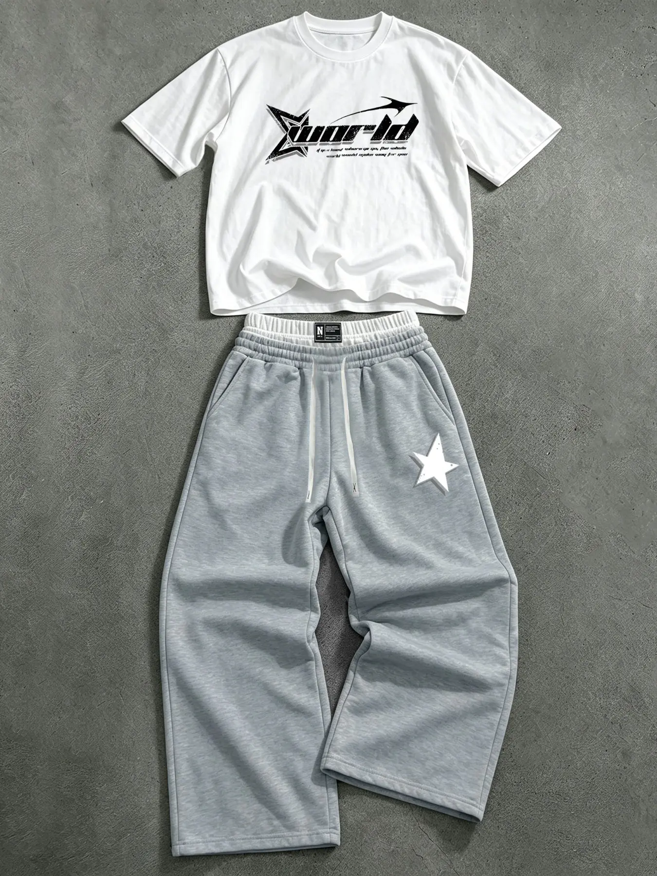 Men's short-sleeved T-shirt: Y2K Graphic star pattern men's suit, a two-piece set including a short-sleeved T-shirt and a pair of wide-leg pants, hip-hop streetwear style.