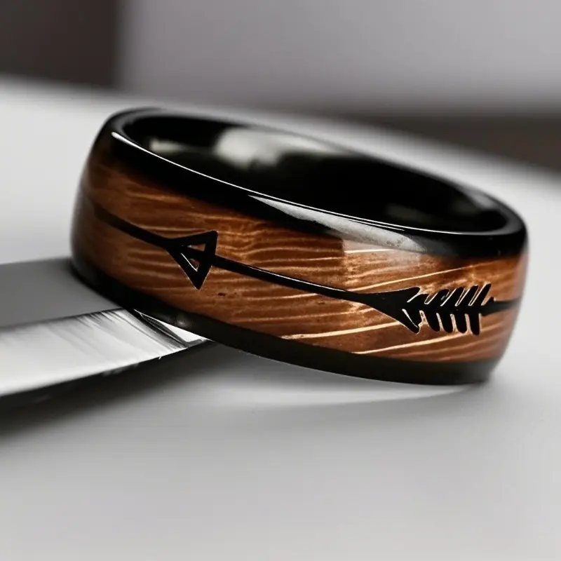 Vintage Black Arrow Stainless Steel Ring For Men Minimal Fashion Band Ring Textured Wood Grain Pattern Cool Black Arrow Daily Fashion Jewelry Gift For Guys, Minimalist, Metal, Arrow Motif, Steel Band
