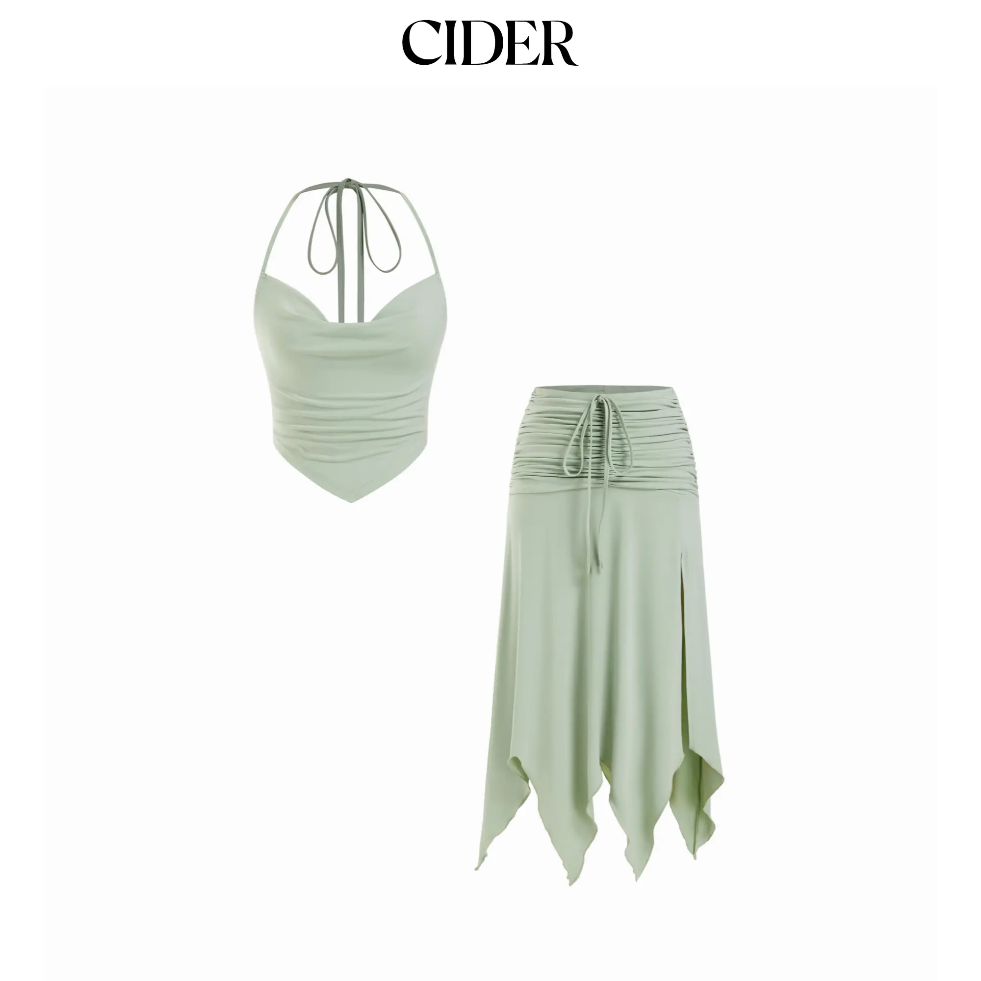 Cider Halter Neckline Drawstring Top & Ruched Hanky Hem Maxi Skirt Set