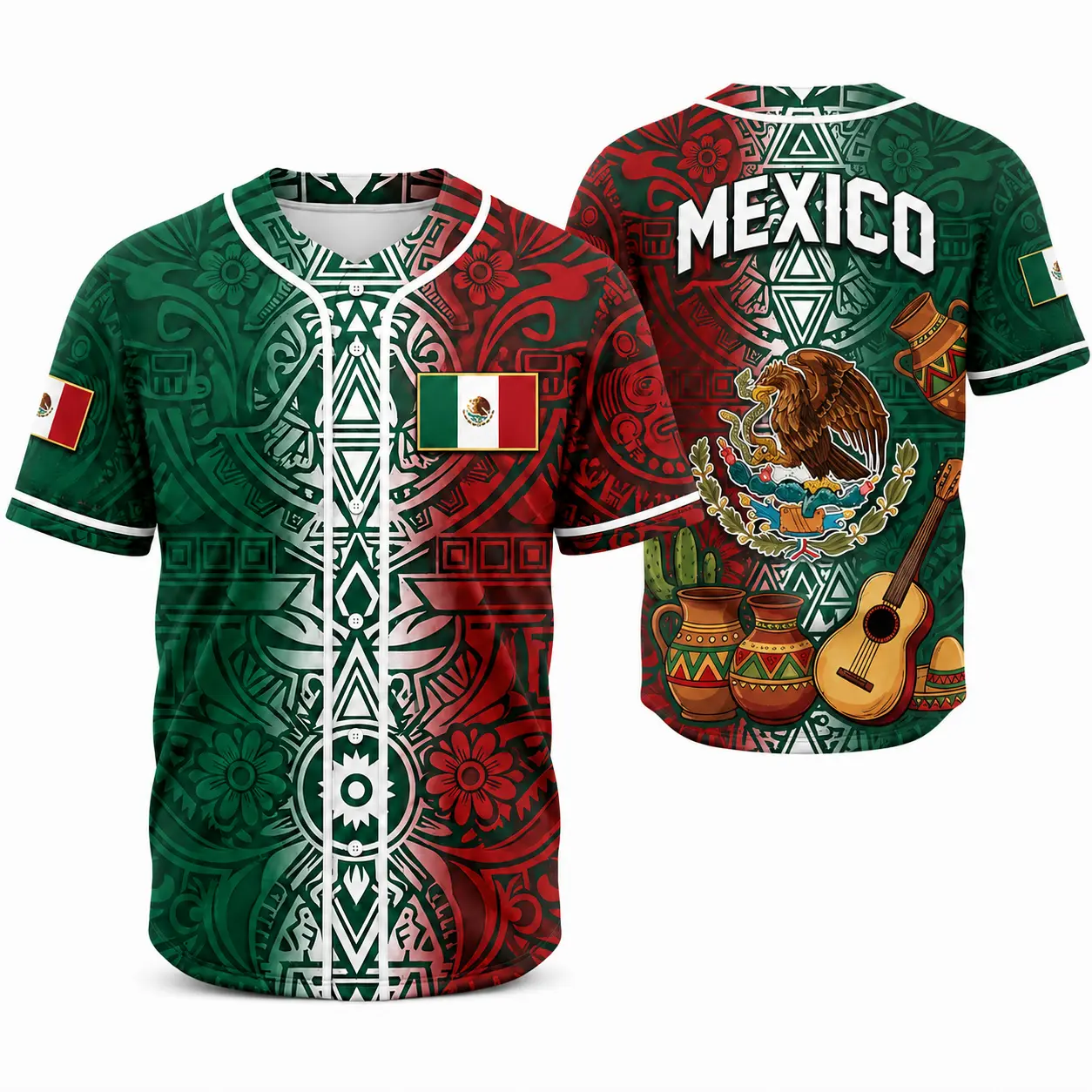 Mexico-Inspired Aztec Pattern Baseball Jersey for Men Women, Green Red Button Up Shirt with Flag, Eagle, Guitar & Geometric Graphic Print, Lightweight Polyester Cultural Celebration Summer Streetwear Top，clothes, outfits, men's wear,men fashion,summer men