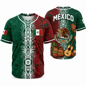 Mexico-Inspired Aztec Pattern Baseball Jersey for Men Women, Green Red Button Up Shirt with Flag, Eagle, Guitar & Geometric Graphic Print, Lightweight Polyester Cultural Celebration Summer Streetwear Top，clothes, outfits, men's wear,men fashion,summer men