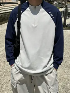 Unisex functional windbreaker with reflective strips, relaxed fit, casual collar design. Feiman double-stitched fabric, lightweight and breathable. Trendy brand gray-blue patchwork half-zip long-sleeve T-shirt with reflective strip patchwork collar for ou