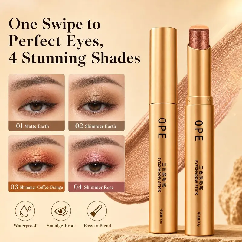 Luxury Gold Tube 3 Shades Gradient Eyeshadow Stick Multi Purpose Eye Brightener Face Highlight Cream Stick Soft Warm Tones Matte Shimmer Easy To Create Daily Commute & Party Eye Look For Makeup Beginners
