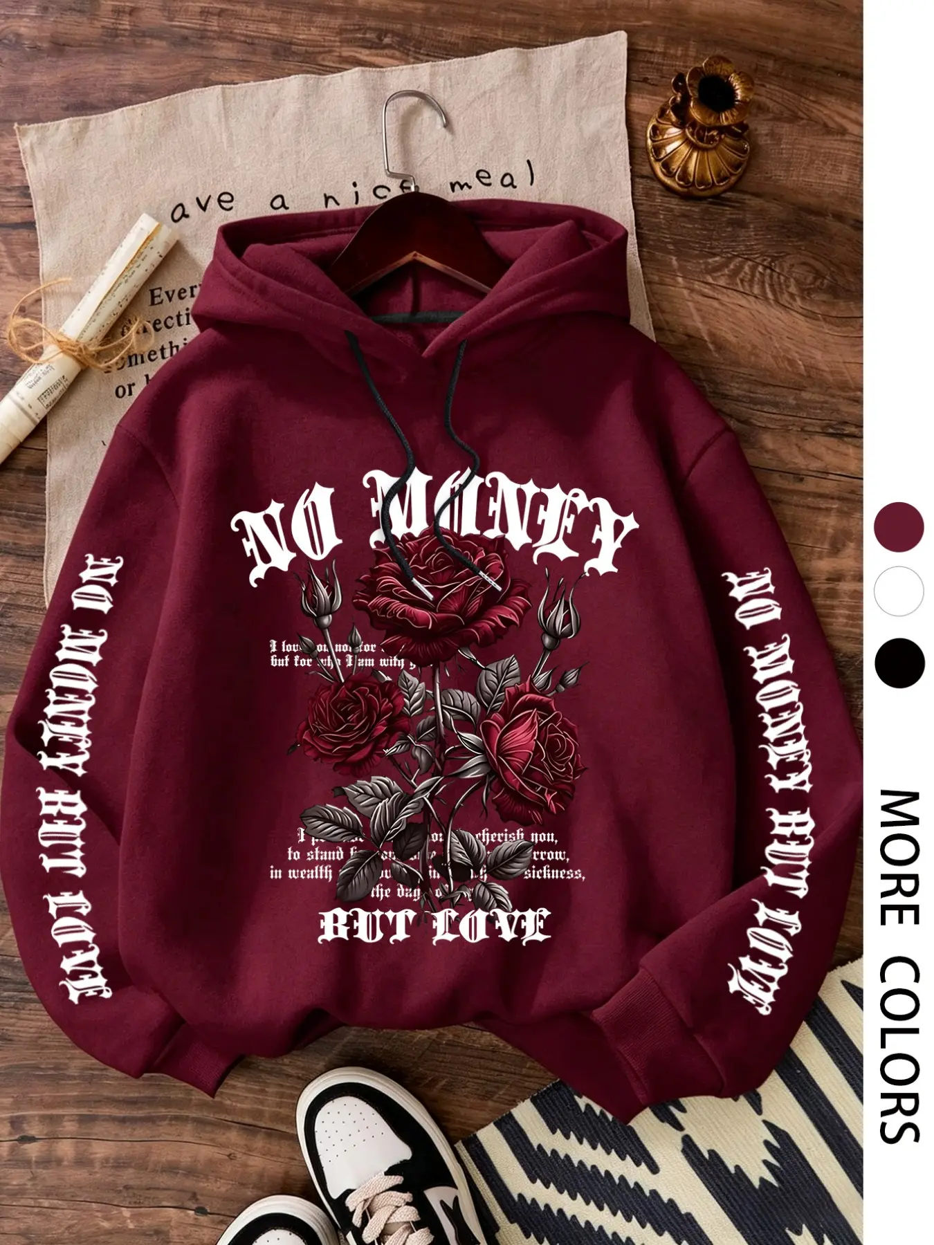 Rose Pattern Floral Print Hoodie, Long Sleeve Letter Print, Casual Loose-Fit Sweatshirt, Comfortable and Stylish, Easy to Pair, Essential Closet Addition