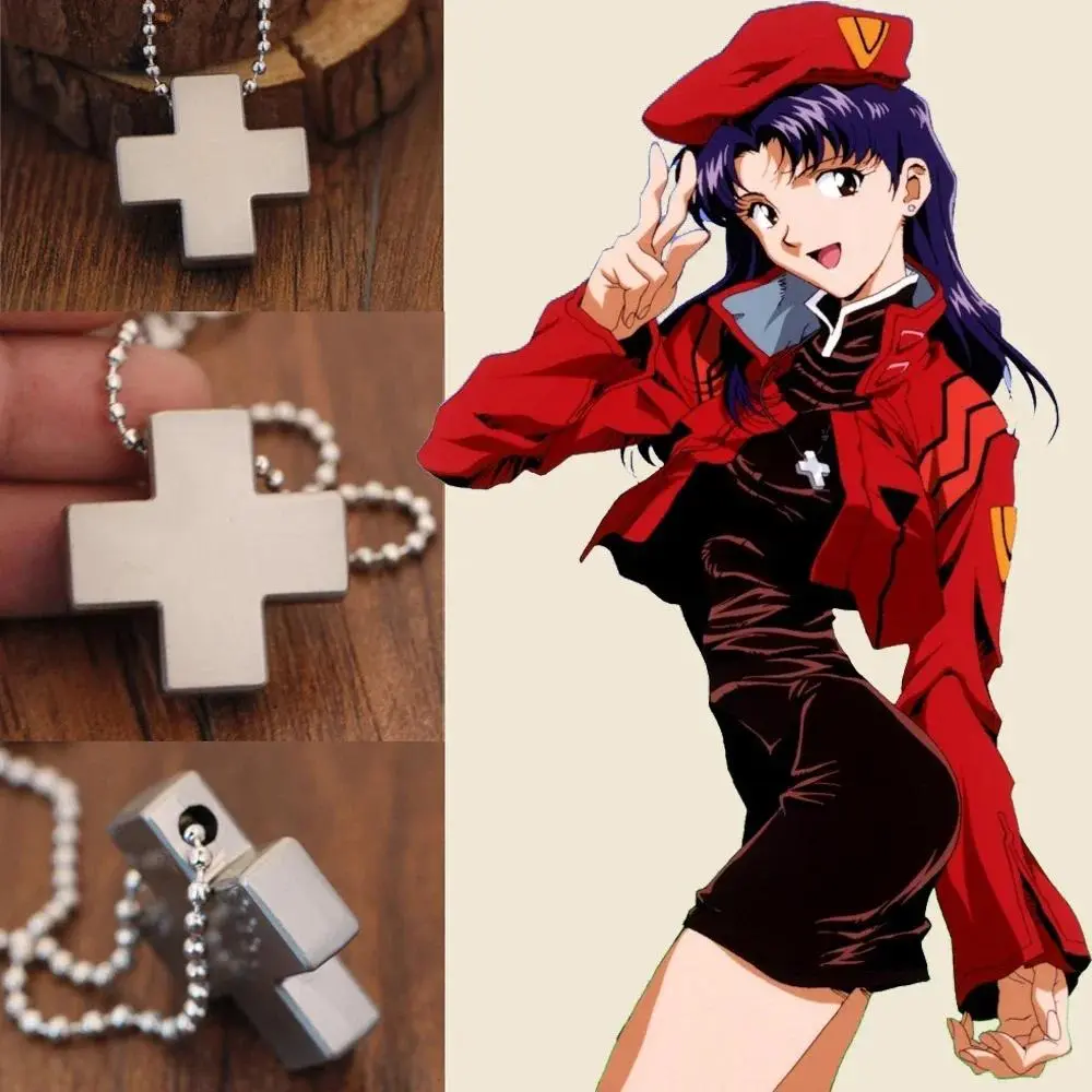 Anime EVA Katsuragi Misato Necklace for Women Cosplay Jewelry Stainless Steel Cross Pendant Beads Chain Charms Amulet Necklaces