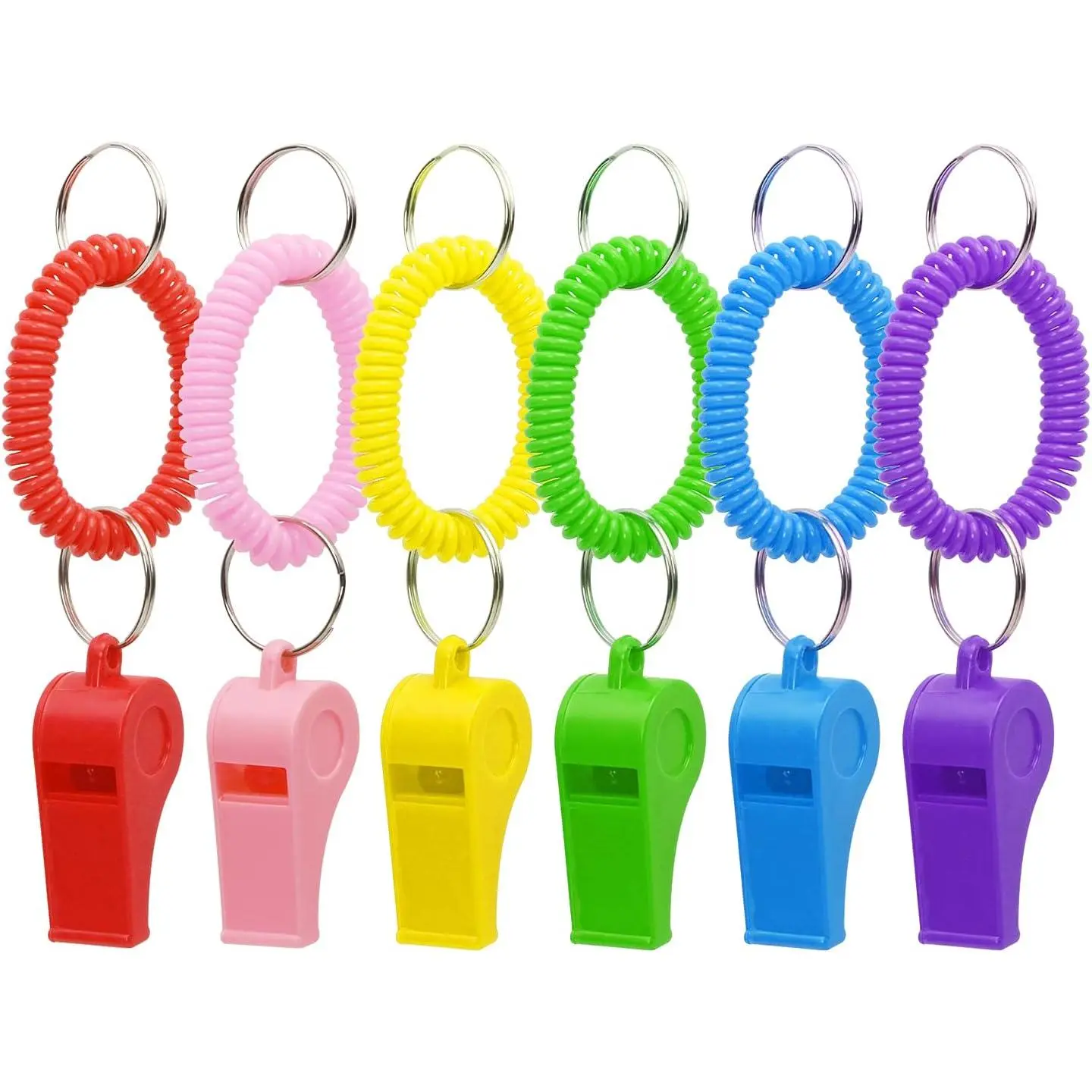 Whistle with Bracelet 6 count Loud Clear Plastic Whistles with Stretchable Coil Wrist  Ring for Coaches Referees Soccer Christmas Party