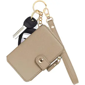 Wallet, Womens card Holder Leather  Wallet With Zipper  Pocket ID Window Wrist Strap  Box (Khaki)