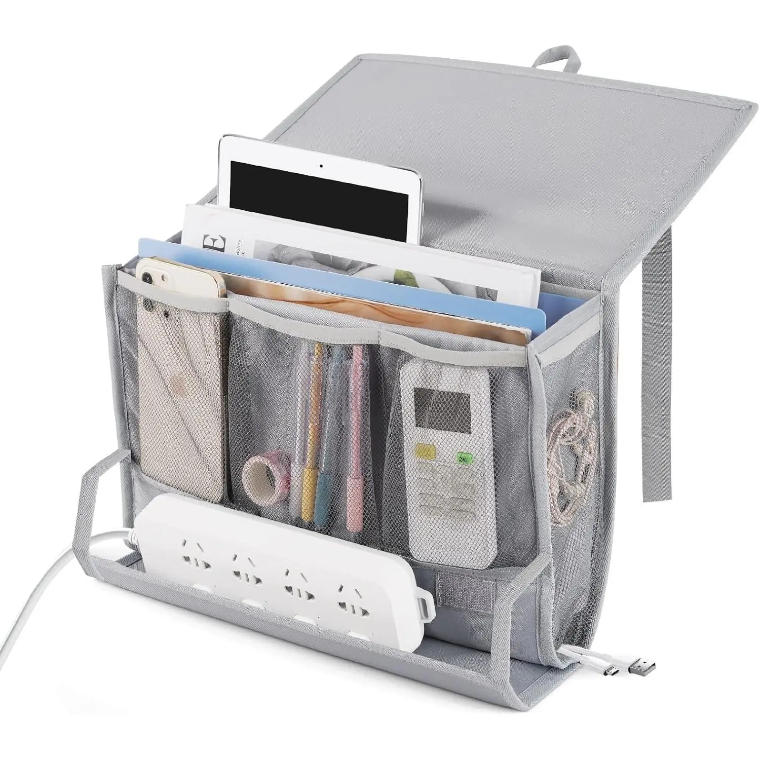 Gray Mesh Fabric Bedside Caddy Organizer with 7 Pockets, Power Strip Holder, 2 Adjustable Straps, Fits Dorm Bed Rails, Home Hospital Bedside Storage