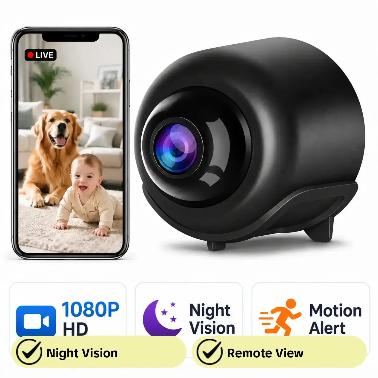Mini Security Camera, Wifi Surveillance Camera, 1080P WiFi Indoor Home Monitoring Camera with Night Vision, Motion Detection, Remote View, USB Powered Pet Camera for Home Office, Home Security Cameras