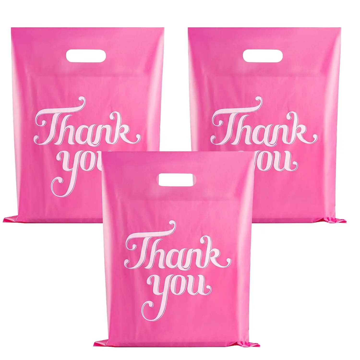 100 Pcs Pink 12x15" Thank You Bags, Shopping Bags for Goodie, Boutique, Retail, Party Gifts, Clothes, Reusable Plastic Bag with handles (Pink)