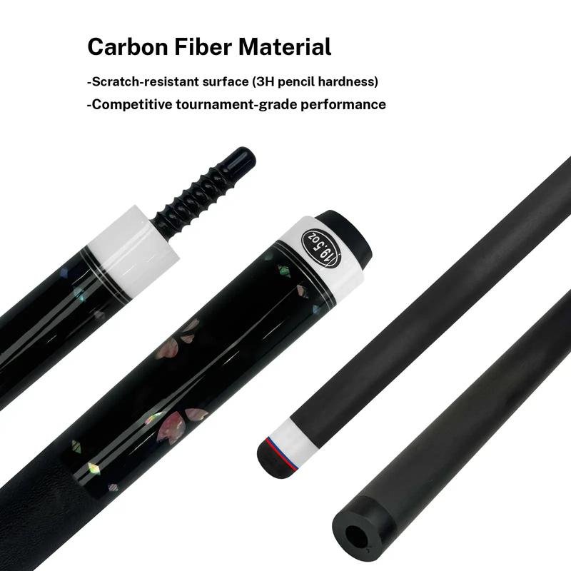2026 new design billiard cue. Inlaying technique carbon fiber 1/2 billiard cue comes with a cue box and accessories. It features a 58 inch, 11.8mm cue tip Comes with cue case + leather tip + gloves + towel + chalk
