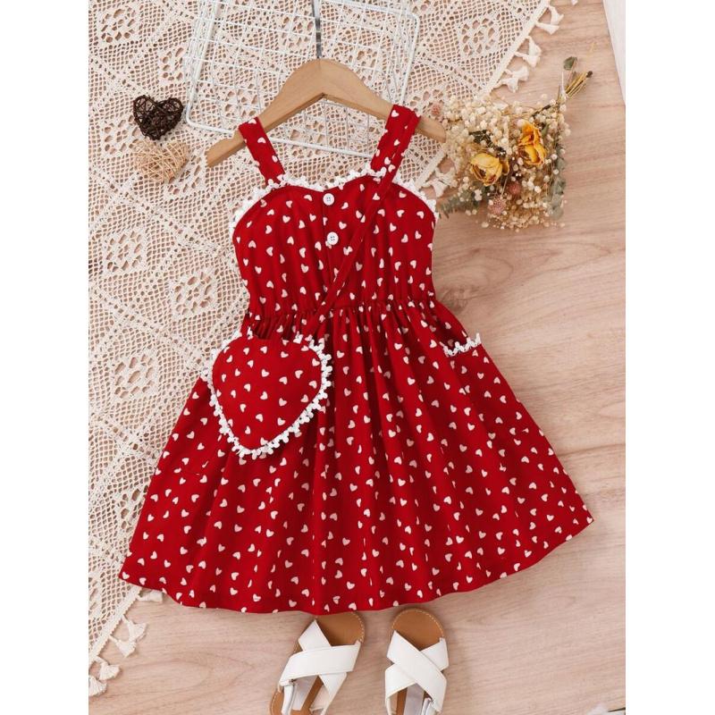 Young Girl Allover Heart Print Lace Trim Cami Dress With