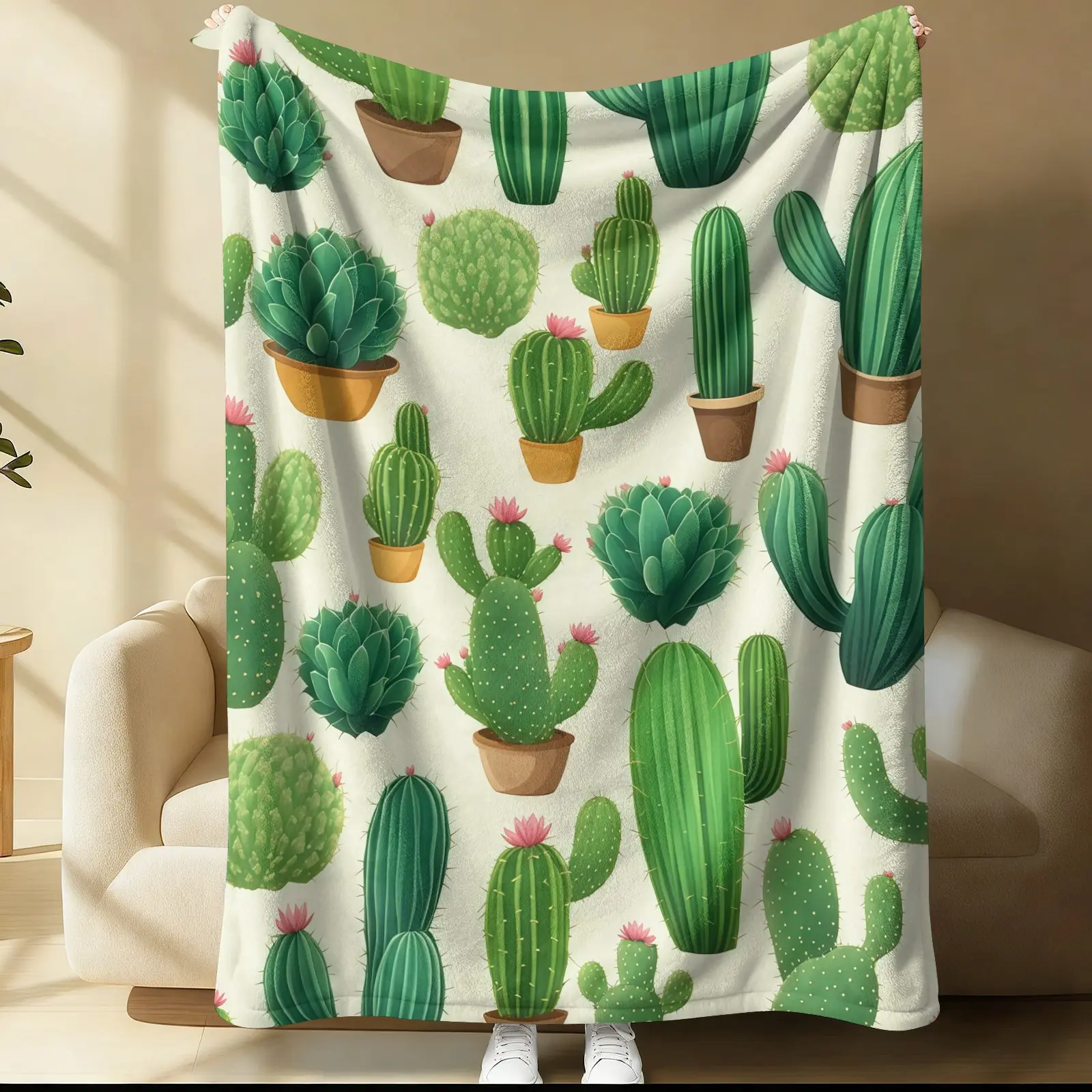 Cactus Printed Pattern Blanket, Suitable For Use All Year Round, Suitable For Beds, Sofas, Cars, Room Decorations, And Gifts, Perfect As a Gift, a Single-Sided Printed Blanket