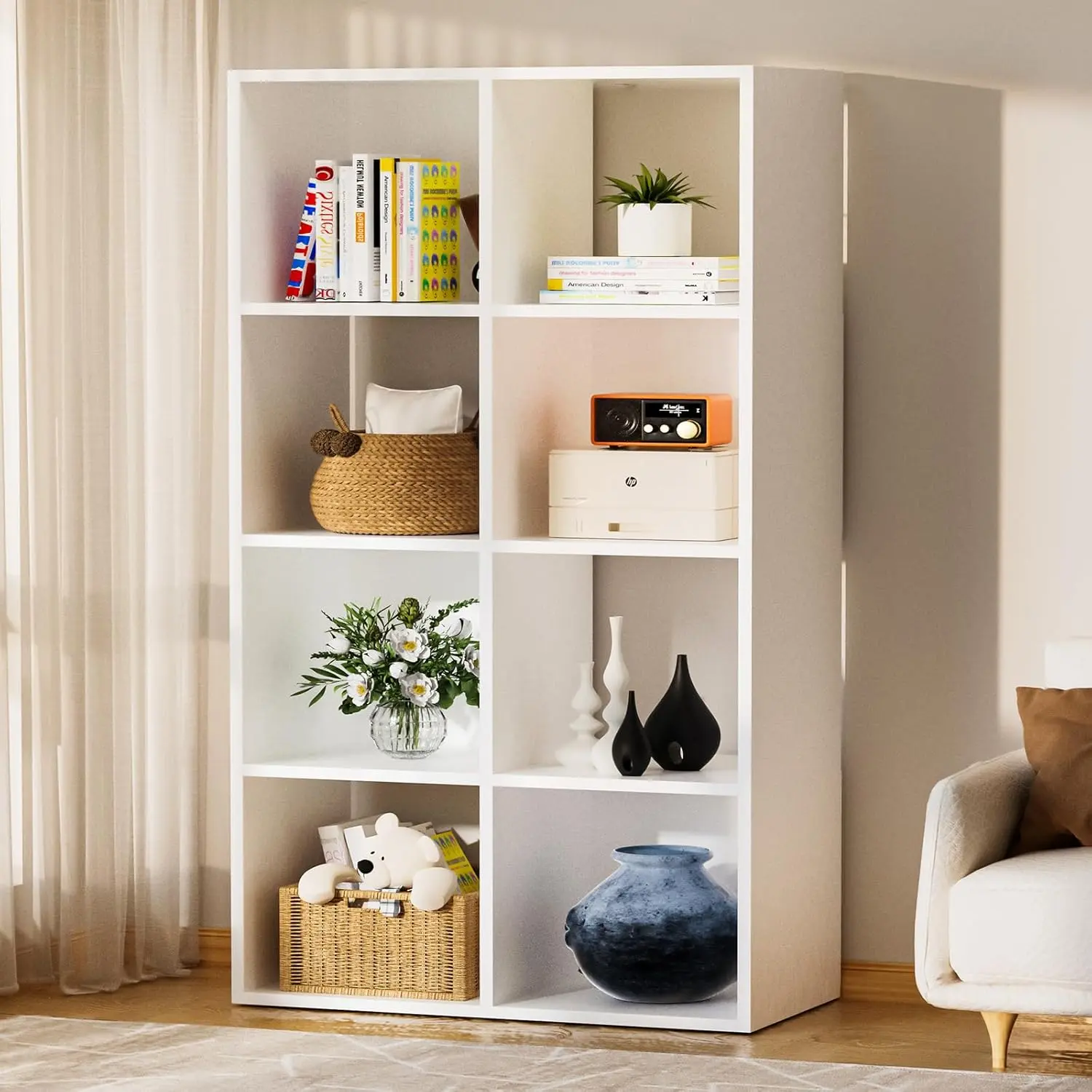 8 Wood Cube Storage Organizer with Open Back and Removable Back Panels, 11In White Cube Storage Bookshelf, Cubicle Shelf Bookcase for Home Office Bedroom Living Room, Vertical or Horizontal