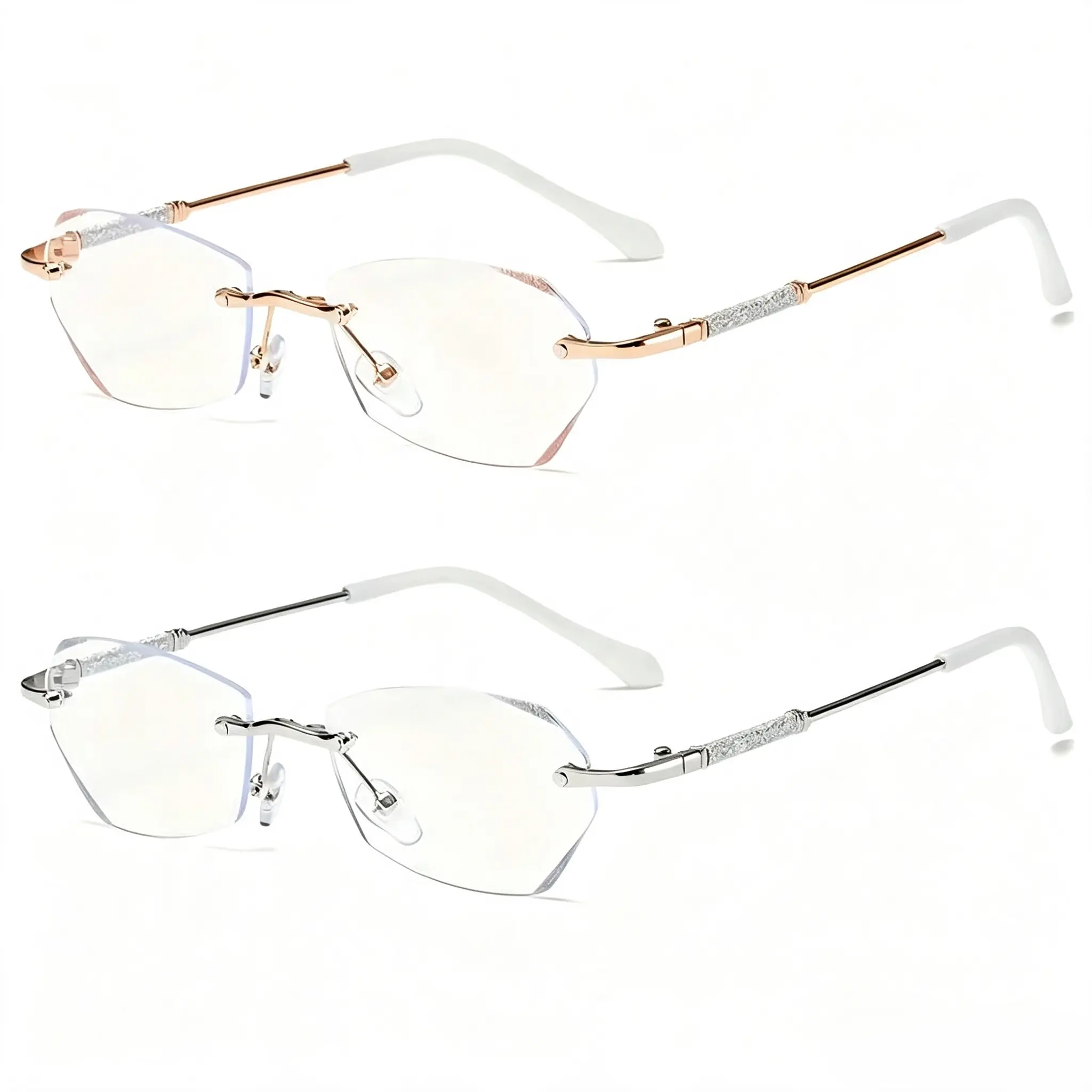 Stylish women's glasses, featuring dazzling diamond-cut lenses, gold frame, frame design and shiny temples - the perfect fashion eyewear for presbyopia, computer work and reading