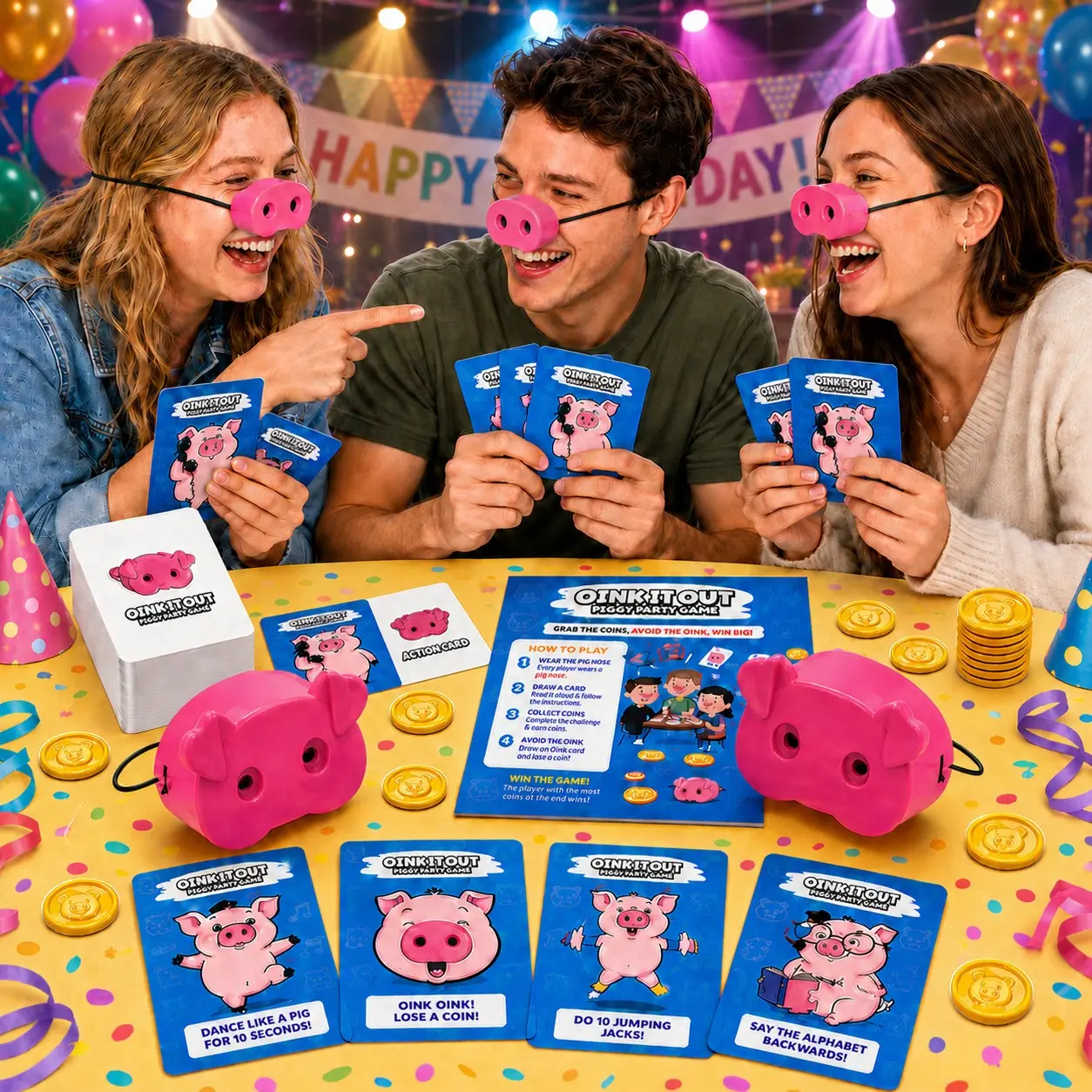 Pink Pig Snort You Laugh You Lose Party Game Set, Family Board Game for Family Gatherings with 150 Challenge Cards, 5 Pig Snouts & 60 Gold Coins, Card Game for Kids and Adults, Birthday Party Ice Breaker, 2+ Players