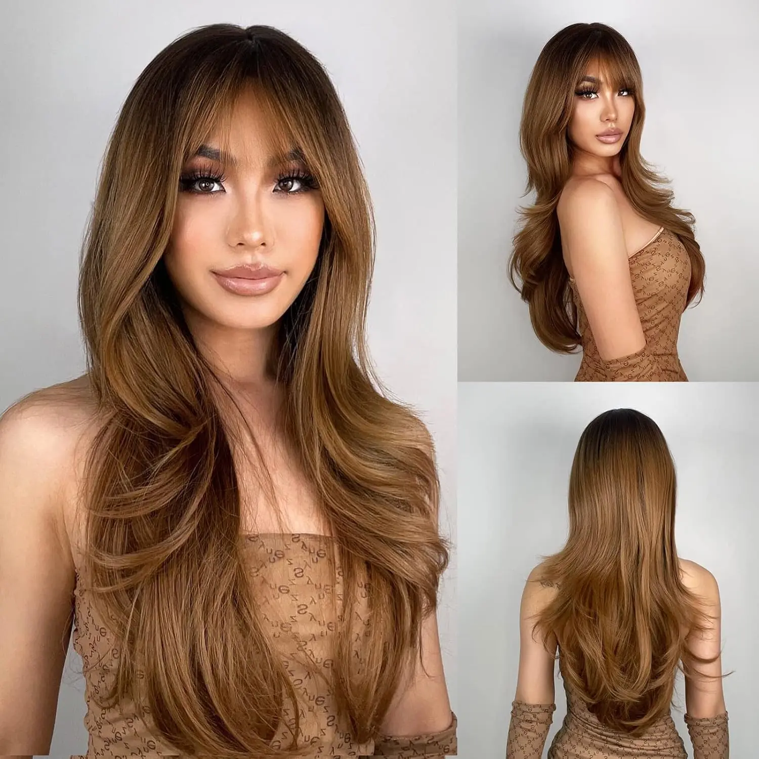 N Nayasa Light Brown Wigs for Women Brown Wig with Bangs 24‘’ombre Brown Wig with Dark Roots Long Layered Wig Heat Resistant Synthetic Wig Natural Looking Wigs for Daily Party Use