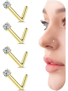 Set of 4 20 g Filled Nose Piercing 1.5-3 mm Round Zirconia Surgical Steel Straight L  Nose Piercing Gold