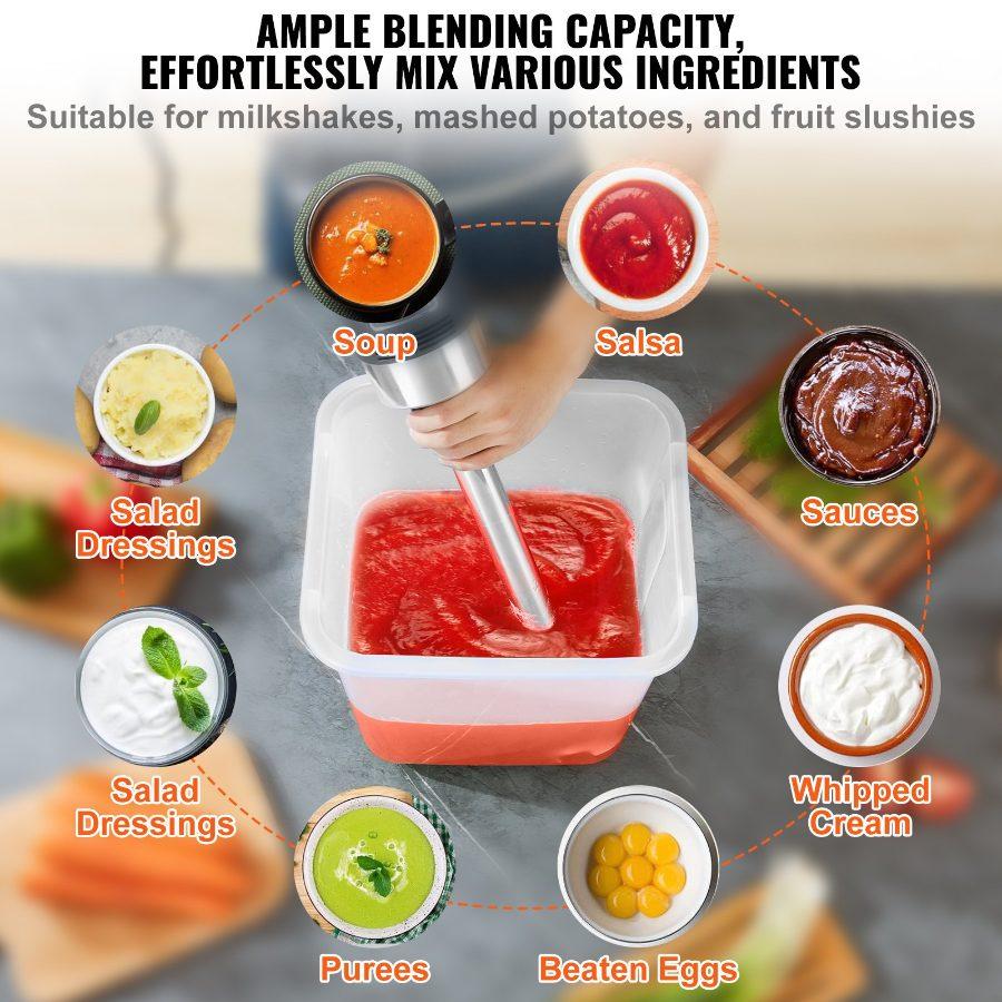 VEVOR Commercial Immersion Blender, 750W 16 Heavy Duty Hand Mixer, Variable Speed Kitchen Stick Mixer with 304 Stainless Steel Blade, Multi-Purpose Portable Mixer for Soup, Smoothie, Puree, Baby Food