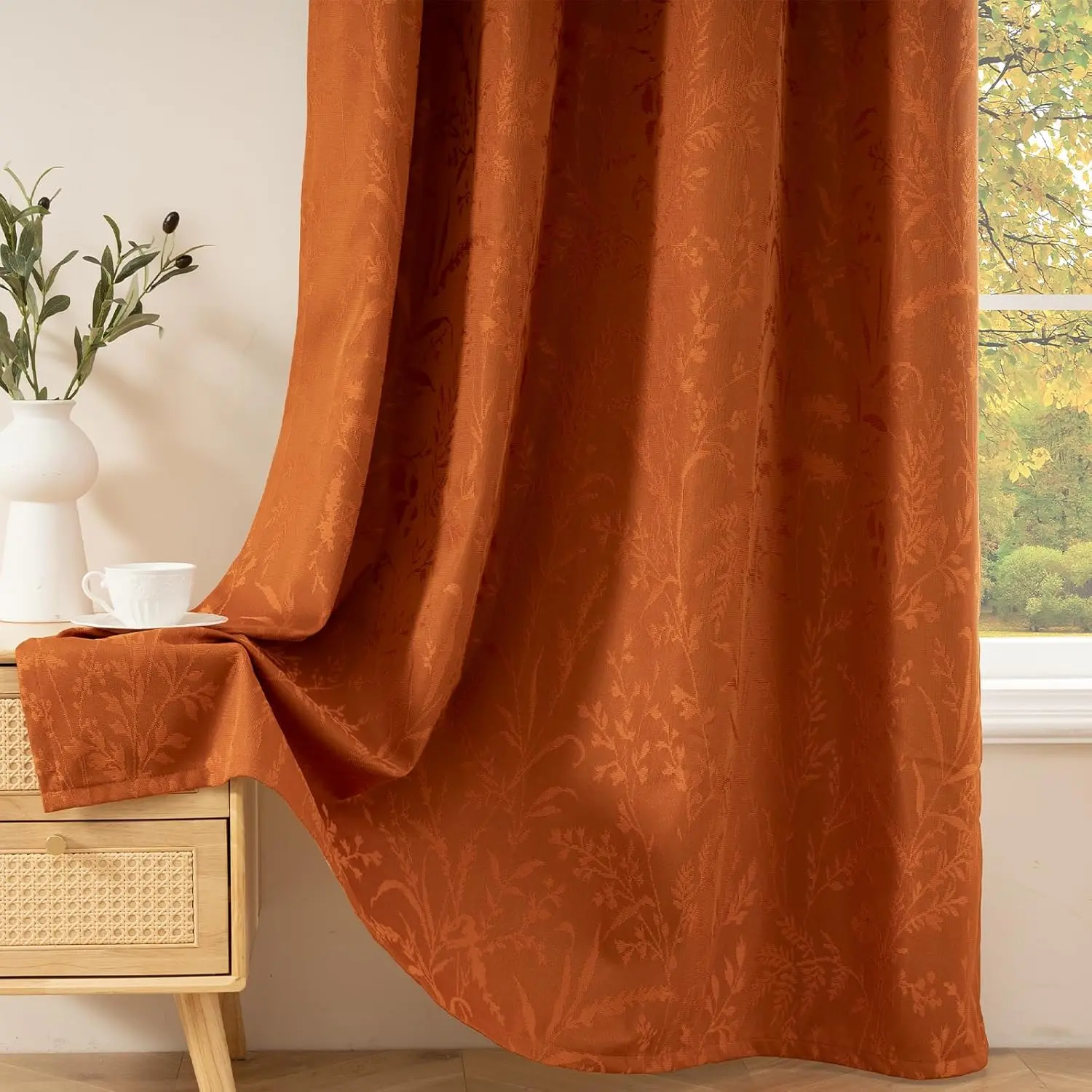 Blackout Burnt Orange Curtains Thermal Insulated 63 Inch Length Floral Boho Rustic Curtain & Drapes for Bedroom Living Dining Room Decor Window