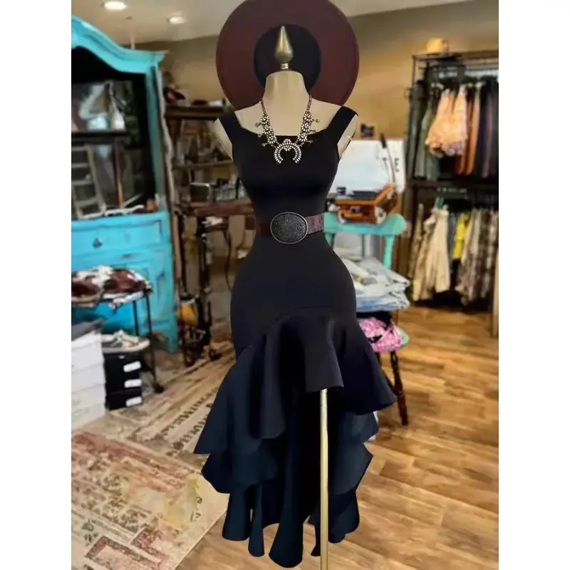 2025European And American Women's Clothing Independent Station Sleeveless Hem Ruffled Dress Piece Fabric Black Polyester summer outfits prom dress