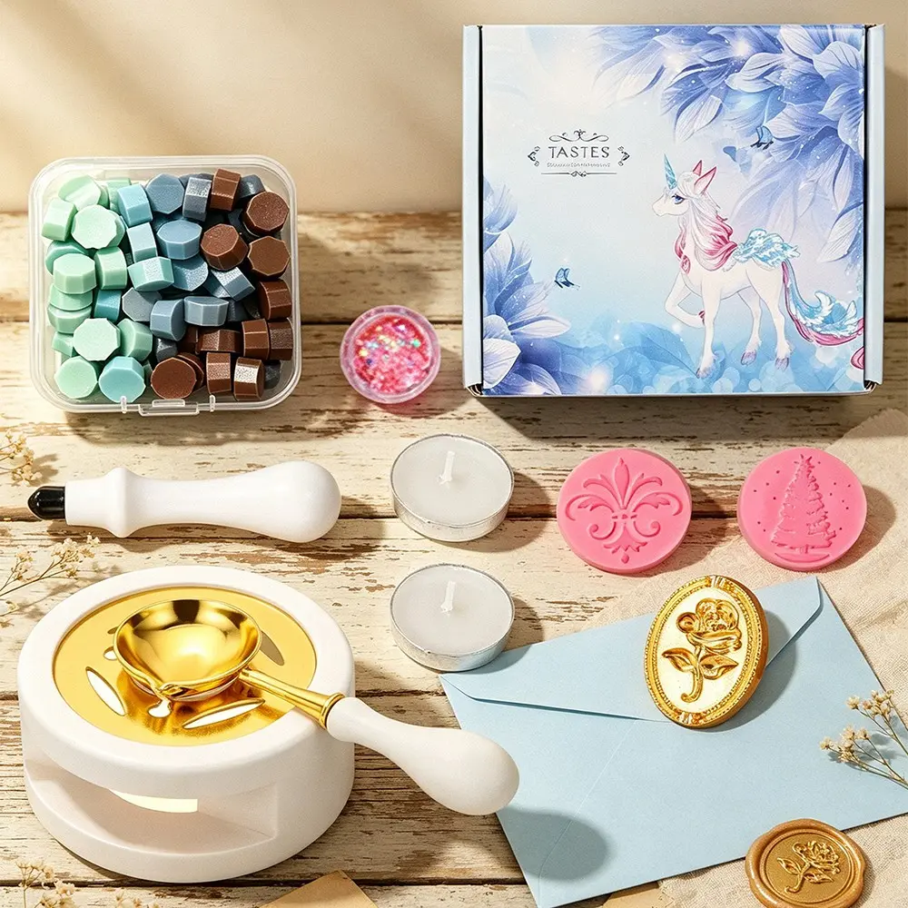 Dreamy Unicorn Wax Seal Stamp Set, Cream Melting Macaron Mixed Wax Beads, Rose Christmas Tree Embossed Copper Stamps, Wedding Invitation DIY Kit