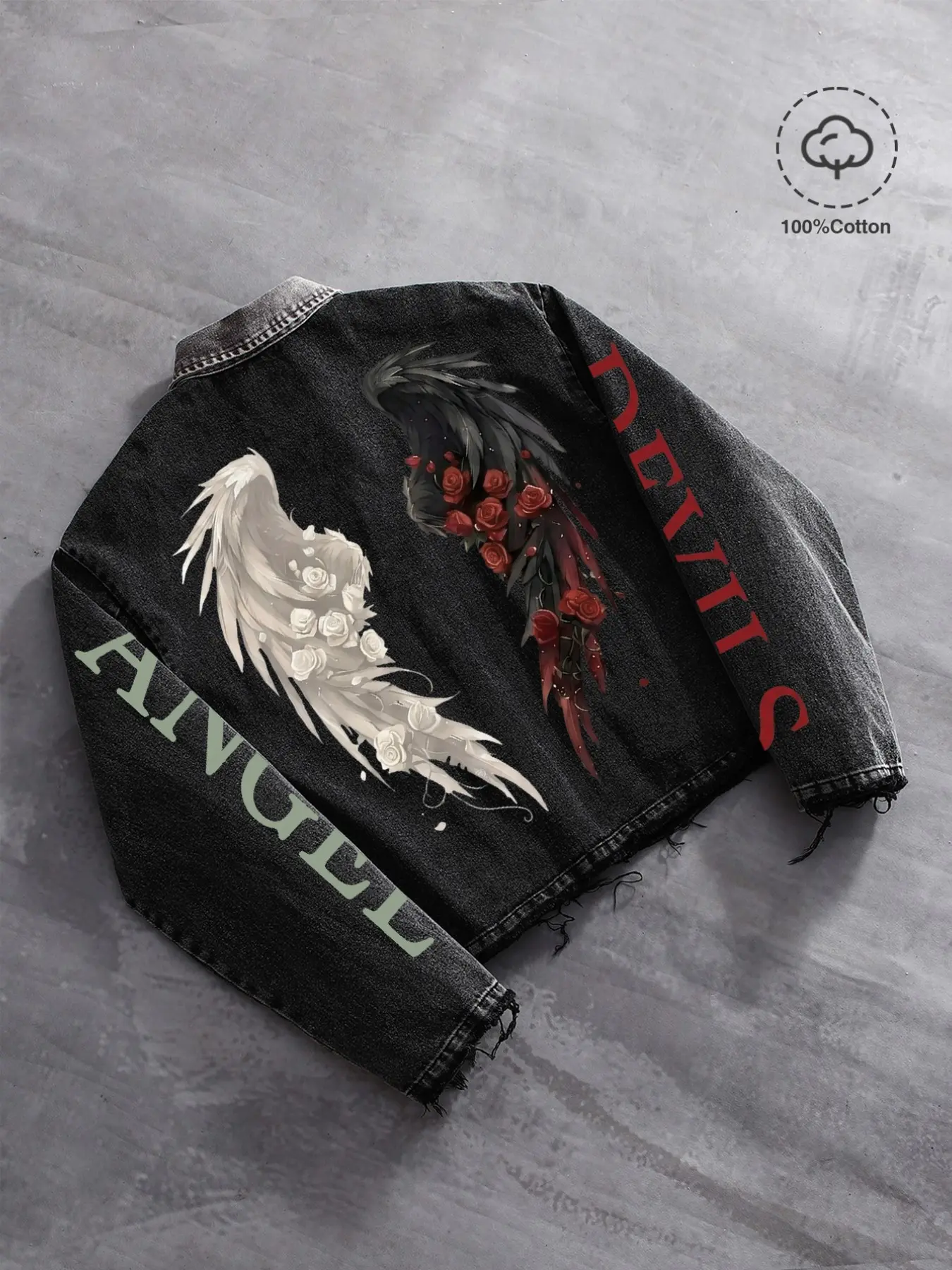 Angel Devil Wings Rose Print Distressed Jean Jacket, Unisex Loose-Fit Long Sleeve Hoodie, Spring Fall Streetwear, 100% Cotton Denim, Tops