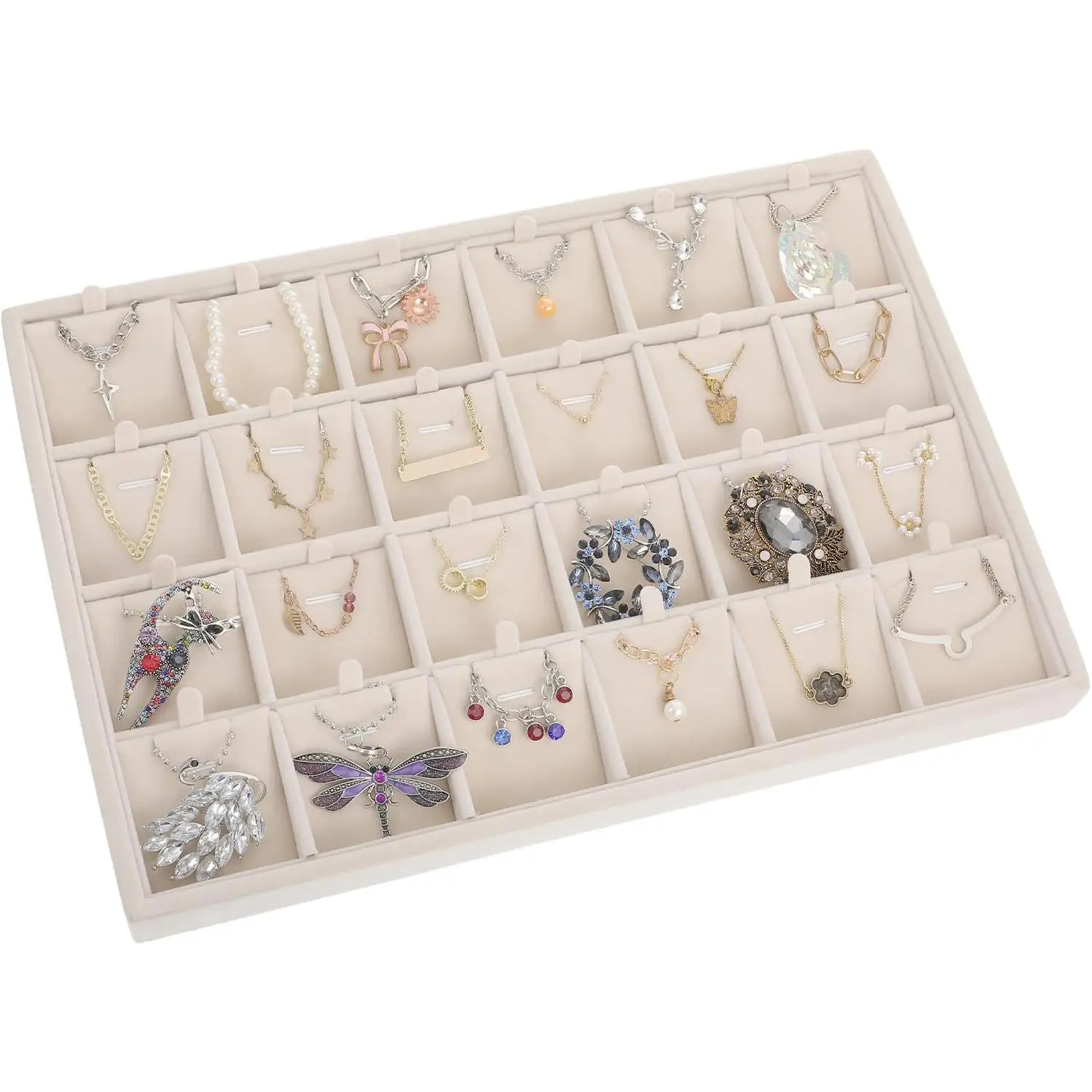 24 Grids Stackable  Tray Organizer with Removable Dividers,   Display Tray for Earrings Necklaces Bracelet Rings Display  - Beige