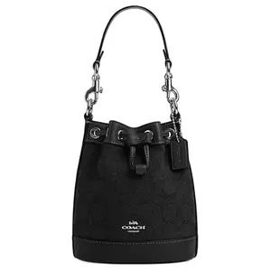 COACH Bucket 14 Classic Logo Fabric and Cowhide Handbag for Women – Mini Crossbody, Shoulder, or Top Handle Bag with Silver Hardware and Black Accents